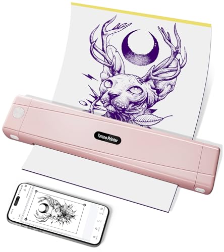 TATTMUSE Rosa Tattoo Drucker Bluetooth, Stencil Nadeldrucker, Schablone Drucker mit 10 Stück Papier, Tattoo Transfer mit Smartphone PC, Thermodrucker Tattoo für Tattoo Künstler und Anfänger