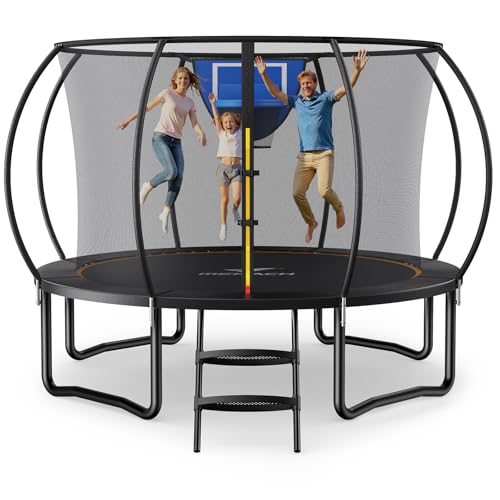 MERACH Trampolin Outdoor 305cm/366cm/427cm/488cm, Trampolin Sicherheitsnetz und Basketball, MaxLoad 150KG Bodentrampolin Outdoor Gartentrampolin