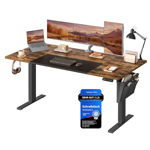 SONGMICS Höhenverstellbarer Schreibtisch elektrisch, 160 x 70 cm, stufenlos verstellbar, Memory-Funktion mit 4 Höhen, vintagebraun-tintenschwarz LSD026X01
