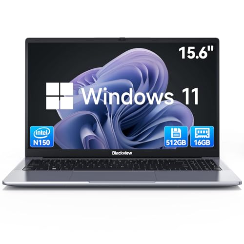 Blackview 15,6 Zoll Laptop, N150(Besser N95/N97) bis zu 3.6GHz, 16GB RAM 512GB SSD Notebook für Unternehmen Studierende, FHD IPS Display, Augenschutz, 100W Typ-C, 4K HDMI, Bluetooth, WiFi 5, QWERTY