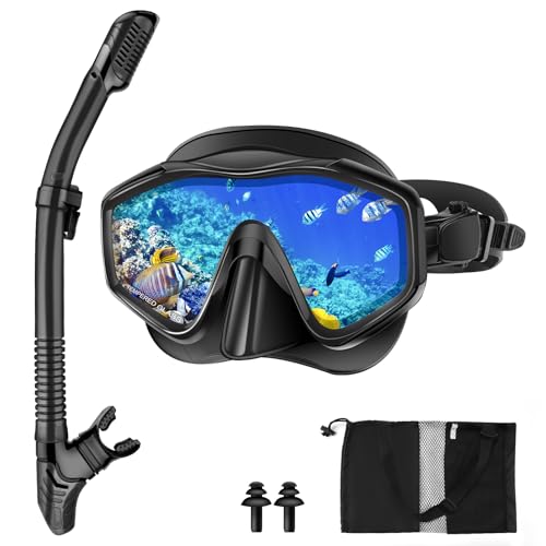 Nigecue Schnorchelset Erwachsene, Schnorcheln Set mit Taucherbrille und Dry Schnorchel, Anti-Leck Anti-Fog Tauchmaske aus Gehärtetem Glas für Schnorcheln, Schwimmen und Tauchen