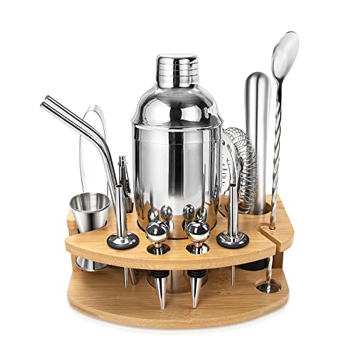 Cocktail Shaker Set, Edelstahl Cocktail Set, 14-teiliges Barkeeper Kit Barzubehör, Cocktails Mixer Set mit Holzständer, 750ML Cocktail Geschenk Set für Zuhause oder die Bar.
