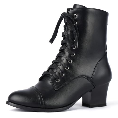 Voviggiw Damen Viktorianische Stiefel Kurzschaft Knöchel Stiefel Schnüren Stiefeletten for Damen Side Reißverschlussper Block Chunky Mid Heel Black Große 39