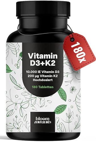 Vitamin D3 K2 hochdosiert – 180 Tabletten mit 10000 IE – 99,7+% All-Trans K2-MK7 - Vitamin D - produziert in Deutschland XXL Family Packung - Verpackung kann variieren - Laborgeprüft