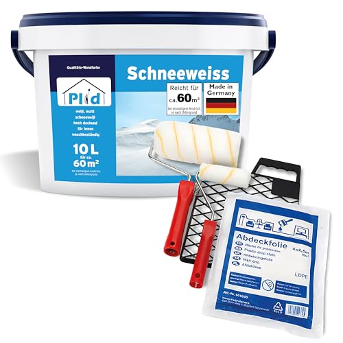 Plid® Schneeweiß Wandfarbe Weiß 10L inkl. Streichset 6-tlg. [HOHE DECKKRAFT] - Weiße Wandfarbe Polarweiß geruchsarm - Farbe Wand - Innenfarbe Wall Paint White - ausbessern weiß - Diffusionsfähig
