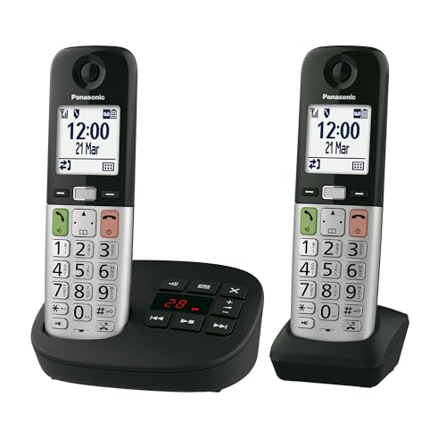 Panasonic KX-TGU432EXB digitales schnurloses Telefon mit Anrufbeantworter, Basisstation & 2 Mobilteile, LCD-Display, Favoriten-Taste, Taschenlampe, extra laut, hörgerätekompatibel, Schwarz & Silber