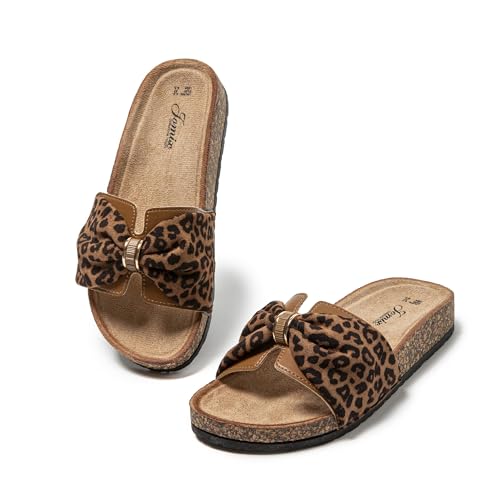 JOMIX Pantoletten Damen Sommer Kork Clogs Fliege Strandsandalen Sommerschuhe Bequeme Strand Sandalen (Leopardenmuster, 38EU, WCF250717)