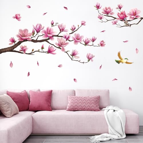 SHUCHING Wandtattoo Rosa Blumen, Wandaufkleber Magnolie, Selbstklebend Wandsticker für Wohnzimmer Schlafzimmer Küche