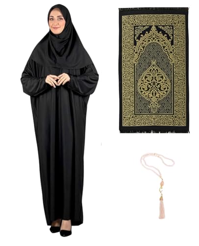 Prien Frauen Gebetskleidung Mit Hijab Gebetsperlen Gebetsteppich, Damen Muslim Kleidung, Islam Abaya Set, Ferace Tesettür Giyim, Islamische Langarm Kleid, Kopftuch, Gebetskleid Für Ramadan (Schwarz)