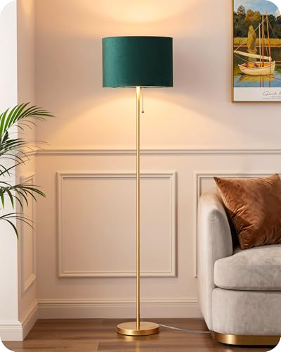 EDISHINE Stehlampe Wohnzimmer, Samt-Lampenschirm, Grün & Gold