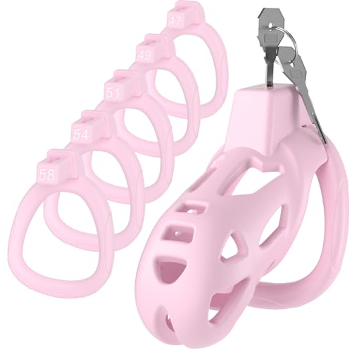 Yivans Harz Keuschheitskäfig Sex Spielzeug für die Männer Keuschheitsgürtel Cock Cage mit 5 Penisringe, SM Fetisch Extrem Penis Bondage Hohldesign Atmungsaktiv Peniskäfig(Pink - M)