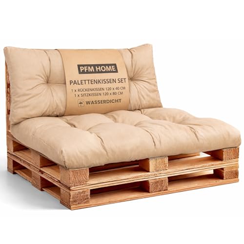 PFM HOME Palettenkissen Outdoor-Kissen Wasserdicht für Palettensofa Palettenmöbel Europaletten - Gartenkissen - 1 x Rückenkissen 120 x 40 cm + 1 x Sitzkissen 120 x 80 cm - Beige