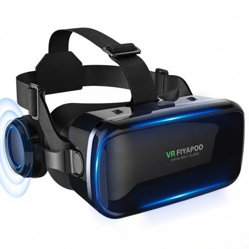 FIYAPOO 3D VR Brille mit HiFi Kopfhörern, Immersive Virtual Reality für Spiele & Filme, Ergonomisches Design, Unterstützt 4,7-6,7 Zoll Smartphones, Weihnachten Geschenk