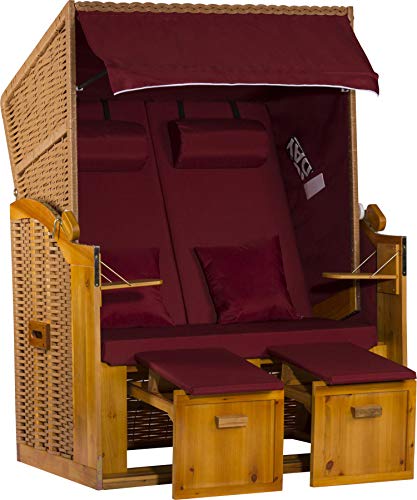 Webavita Strandkorb Ostsee | 2-Sitzer Volllieger Bausatz | Geflecht: Natur, Bezug: Uni Rot | Beach Chair für Garten Terrasse Balkon