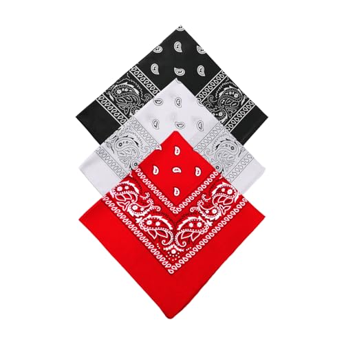 FuzlPnag 3 Stück bandana Kopftuch Damen und Herren,Unisex Bandana, Nickitücher als Kopftuch oder Halstuch,Baumwolle Bandana Set,Haarschal in Paisley Muster(Weiß, Schwarz, Rot