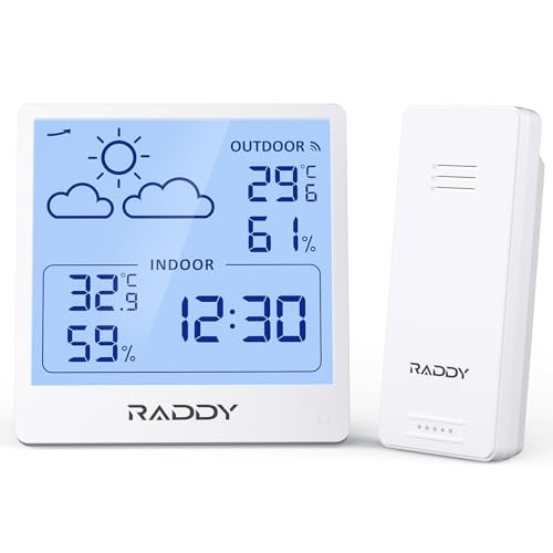 Raddy WF-50 Wetterstation Funk innen und außen, batteriebetriebener Temperatur- und Luftfeuchtigkeitsmesser mit 5,0”-TN-Display, Wettervorhersage, Funk-Fernsensor (weiß)