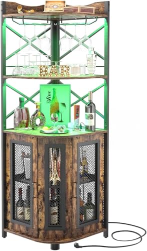iSunirm Eck-Barschrank mit Steckdose, industrieller Weinschrank mit LED-Streifen und Glashalter, 5-stöckiges Spirituosenregal für Zuhause, Eckvitrine für kleine Räume, Braun