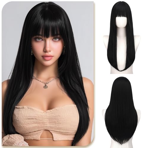 Sofeiyan Natürliches Schwarz Lange Glatte Perücken mit Pony,60 cm Geschichtet Elegante Perücke,Natürliches Synthetische Perücke Damen,für Täglichen Party Cosplay und Feiertage