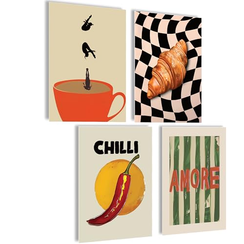 mojoliving Poster Kaffee Bilder Kaffee Bild Wandbilder für die Küche Poster Aesthetic Deko Küchenbilder Vintage Bilder Wohnzimmer Deko Küche (Amore Croissant, 4x A4 | ohne Rahmen)