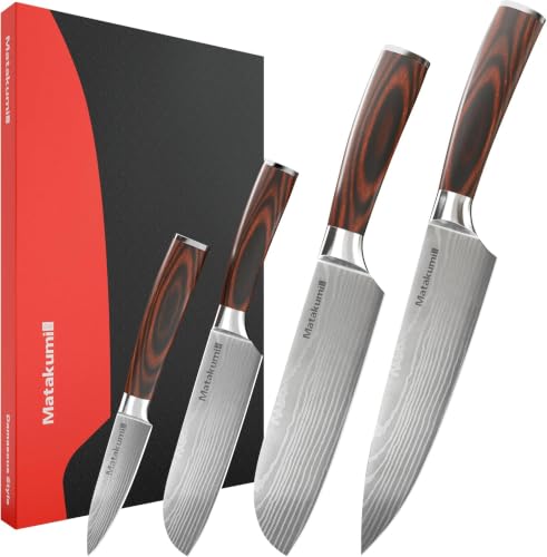 Matakumi Messerset 4-teilig, Damastmuster, Kohlenstoffstahl, scharf