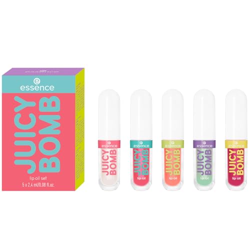 essence JUICY BOMB lip oil set 01 – Pflegendes Lippenöl-Set mit fruchtigem Duft – Ultra-shiny Finish mit Vitamin E & Jojoba-Öl – Vegane Kosmetik – 5 x 2,4 ml