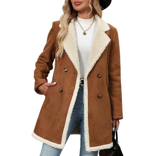 Ansenesna Winterjacke Damen Lang Warm Gefüttert Jacke Winter Mit Fell Wintermantel Elegant Fellkragen Wildleder Mantel Frauen Teddyfleece Innenfell Dicke Damen-Jacken Teddyfell Damenjacken