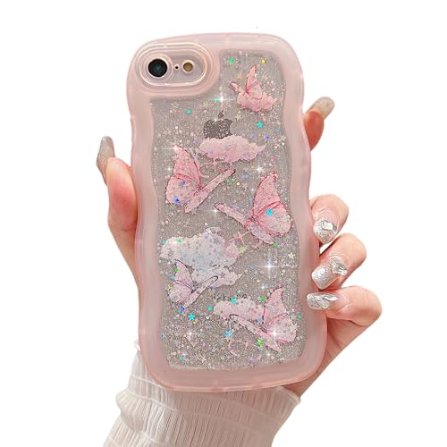 ZTUOK Kompatibel mit iPhone 6/6S Hülle für Mädchen und Frauen, niedlich, klar, glitzernd, glitzernd, Stern-Schmetterling, lockig, einfache Wellen-Hülle, stoßfest, dünn, weich, TPU-Glitzer-Hülle,rosa