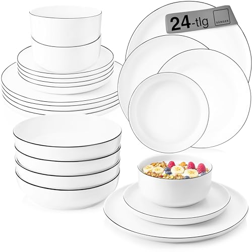 SÄNGER | Tafelservice Marlo Black Rim, 24-teiliges Geschirrset für 6 Personen, Weiß mit schwarzen Akzenten, Dessert-, Speisetellern, Schalen & Müslischalen aus Porzellan | PREMIUM COLLECTION