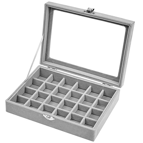 24 Fächer Schmuckkästchen, Samt Schmuckkasten mit Glasdeckel, Schmuck Aufbewahrung Abnehmbar Schmucktabletts für Ringe Ohrringe Halskette Armband (Grau)