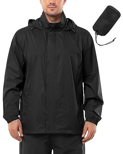 Outdoor Ventures Regenjacke Herren Wasserdicht Ultraleichte Dünne Faltbare Regenmantel Atmungsaktiv Fahrrad Regenjacke Sport Schwarz 4XL