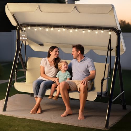 Soontrans 3-Sitzer Hollywoodschaukel, Familienzeit mit Leichtigkeit, Gartenschaukel mit Sonnendach & Gestell & Gepolsterte Sitzauflage, Belastbar bis 200 kg, aus Stahl (193 x 110 x 152 cm, Beige)