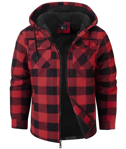 SwissWell Herren Hemdjacke Verdicken Karierts mit Reißverschluss Flanelljacke Plüschfutter Freizeit Gefüttert Kapuzenpullover Männer Winter Hemd Fleece Hoodie Winterjacke mit Taschen(Rot 2XL)