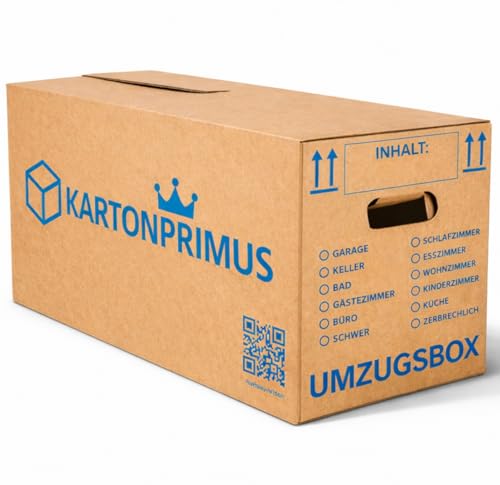 Kartonprimus 10 Umzugskartons 620x300x330 mm zweiwellig – stabiler Karton bis 40 kg –verstärkte Griffe – stapelbar Umzugskiste Umzugkarton Umzugsbox Lagerkarton Bücherkarton Ordnerkarton (10 Stück)