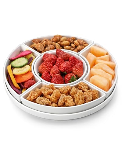 MALACASA Snackteller, 6-teilig Snack Platte Porzellan mit Dipschalen & Snacktablett, Servierplatten mit Fächern für Party Häppchen, Chips, Dips, Obst, Gemüse, Süßigkeiten, Ø 30.8cm, Weiß