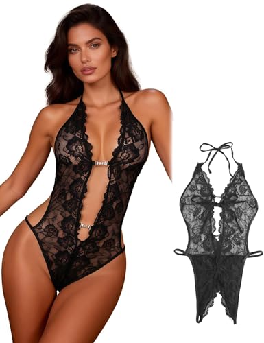 comeondear Dessous Damen Sexy Unterwäsche Curvy Babydoll Dessous Negligee Große Größen Spitze Body Tiefes V-Ausschnitt Einteilig Bodysuit Neckholder Reizwäsche Mollige Frau Lingerie Woman Schwarz,XL