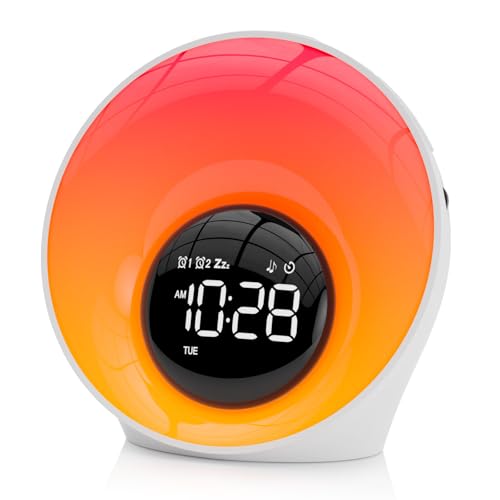 Wecker mit Sonnenaufgang Tageslichtwecker Geschenke Geräuschmaschine mit 30 beruhigende Klänge,Wake Up Light Nachttischlampe Dimmbar 16 Helligkeit 14 Farbe Schlafzimmer Lichtwecker mit Doppelalarm