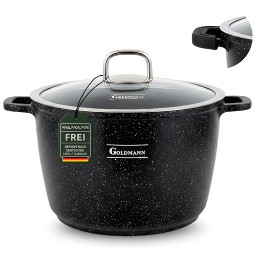 GOLDMANN 24 CM (6.2L) Aluguss-Kochtopf/Suppentöpfe mit Silikongriffen, Glasdeckel, Marmor-Keramik-Antihaftbeschichtung & PFOA FREI