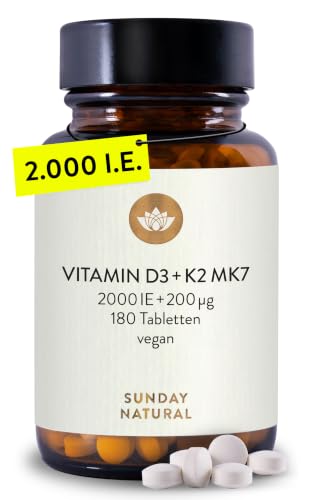 SUNDAY NATURAL® Vitamin D3 K2 tabletten – 99,8% all-trans MK-7 & 2.000 IE Vitamin D – 180 Tabletten – vegan, hochdosiert – ohne unnötige Zusätze – in Deutschland laborgeprüft - Perfekt zum Teilen
