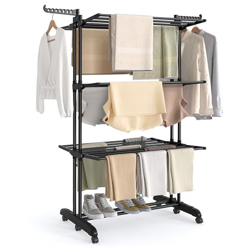 SONGMICS Wäscheständer, Standtrockner 4 Ebenen, Flügelwäscheständer, klappbare Flügel, mit Rollen, 63,5 x 125,5 x 173 cm, groß, einfacher Aufbau, tintenschwarz LLR703BZ02