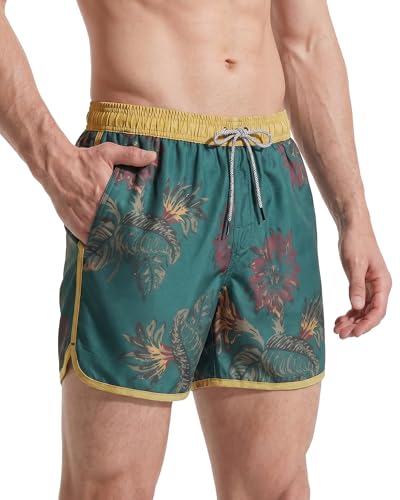 MaaMgic Herren Badeshorts Vintage Retro Boardshorts Schnelltrocknend Kurz Badehose Schwimmhose mit Mesh-Futter und Verstellbarem Tunnelzug Gelb Dunkelgrün M