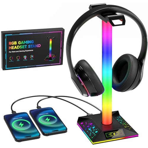 Hcman Headset Halterung Gaming Kopfhörer Ständer RGB Kopfhörer Halter mit 2 USB Anschlüssen, LED Headphone Stand Kopfhörerständer für PC Gamer, Schwarz