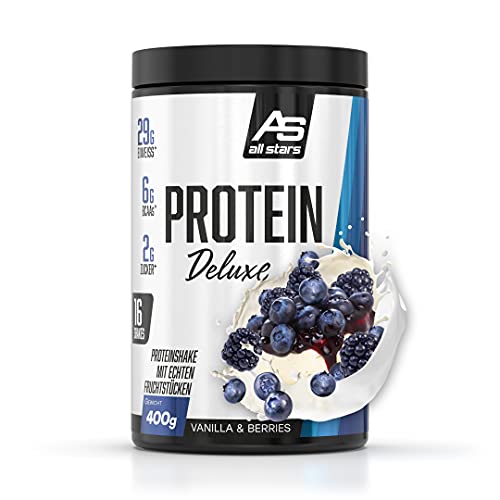 ALL STARS Protein Deluxe Whey Proteinpulver 400g Vanilla and Berries mit Fruchtstückchen - Leckerer Shake mit ca. 76% Eiweiß, 4 hochwertige Protein-Komponenten