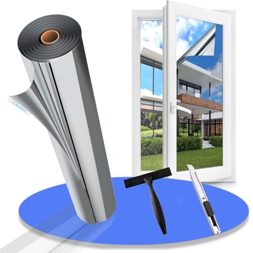 Gufoltie Hitzeschutzfolie Fenster außen & innen Sonnenschutzfolie Fenster UV Folie Spiegelfolie Fenster Sichtschutz Fensterfolie Hitzeschutz Thermofolie gegen Hitze Selbstklebende Silber 90x400cm