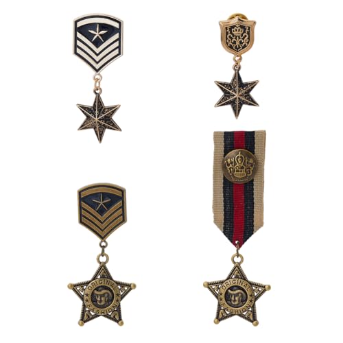 SUPERFINDINGS 4 Stück 4 Stile Vintage Militärmedaillen Geometrischer Stern Metallmedaille Abzeichen Uniform Kostümzubehör Mit Epauletten Und Bändern Für Armee Soldatenmantel