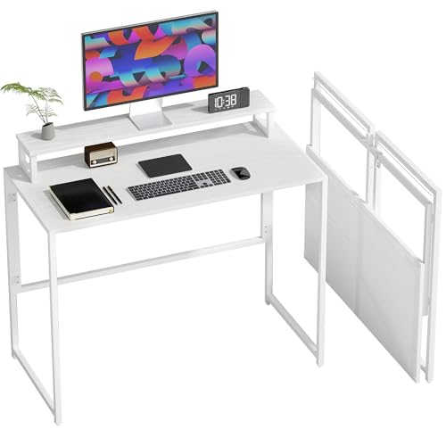 HOMCOM Schreibtisch Klappbar mit Monitorhalterung Computertisch Platzsparend Bürotisch für Home Office, Arbeitszimmer, Schlafzimmer, Stahlrahmen, 100 x 48 x 87,5 cm, Weiß