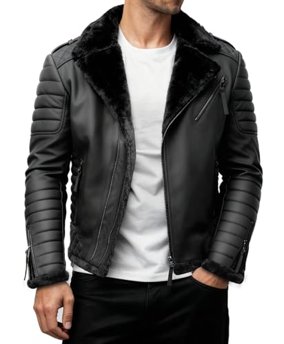 Crone Naik Herren Lederjacke Echtleder Biker Jacke Matt Schwarz (Shearling) XL