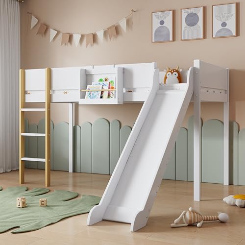 RIAZOS Kinderbett 90x200 cm mit Leiter, Hochbett mit Rutsche, mit Schutzschienen, mit Abnehmbarem Regal, Kiefer+MDF, Weiß+Natur, ohne Matratze
