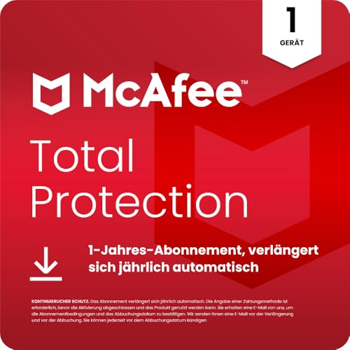 McAfee Total Protection 2026 (1 Gerät) | Virenschutz, VPN, Betrugsschutz, Sicherheitssoftware, Identitätsüberwachung | 1-Jahres-Abonnement mit automatischer Verlängerung | Download