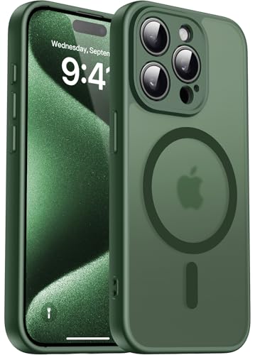Natiiozie Magnetisch Kompatibel mit iPhone 15 Pro Hülle Kompatibel mit MagSafe, Kameraschutz FallSchutz Handyhülle, Stoßfest Kratzfest Schutzhülle Transluzente Matt Rückseite 6.1 Zoll Case Grün