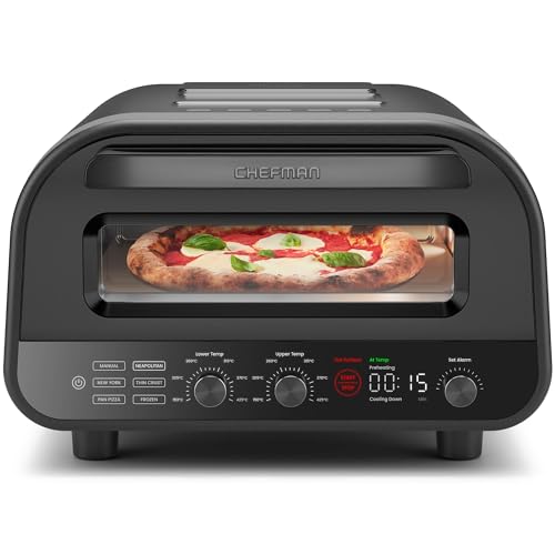 CHEFMAN Elektrischer Pizzaofen für drinnen und draußen, tragbarer Pizzaofen 30 cm für Neapolitaner, New Yorker, feine Kruste und Bratpfanne, Pizzastein und Schälscheibe, schwarz